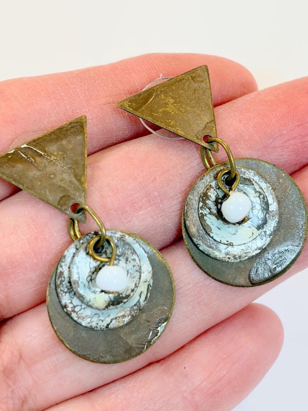 Vintage Earrings, Artisan Made, Bronze, Patina, Layered, Discs, 90s, Pierced